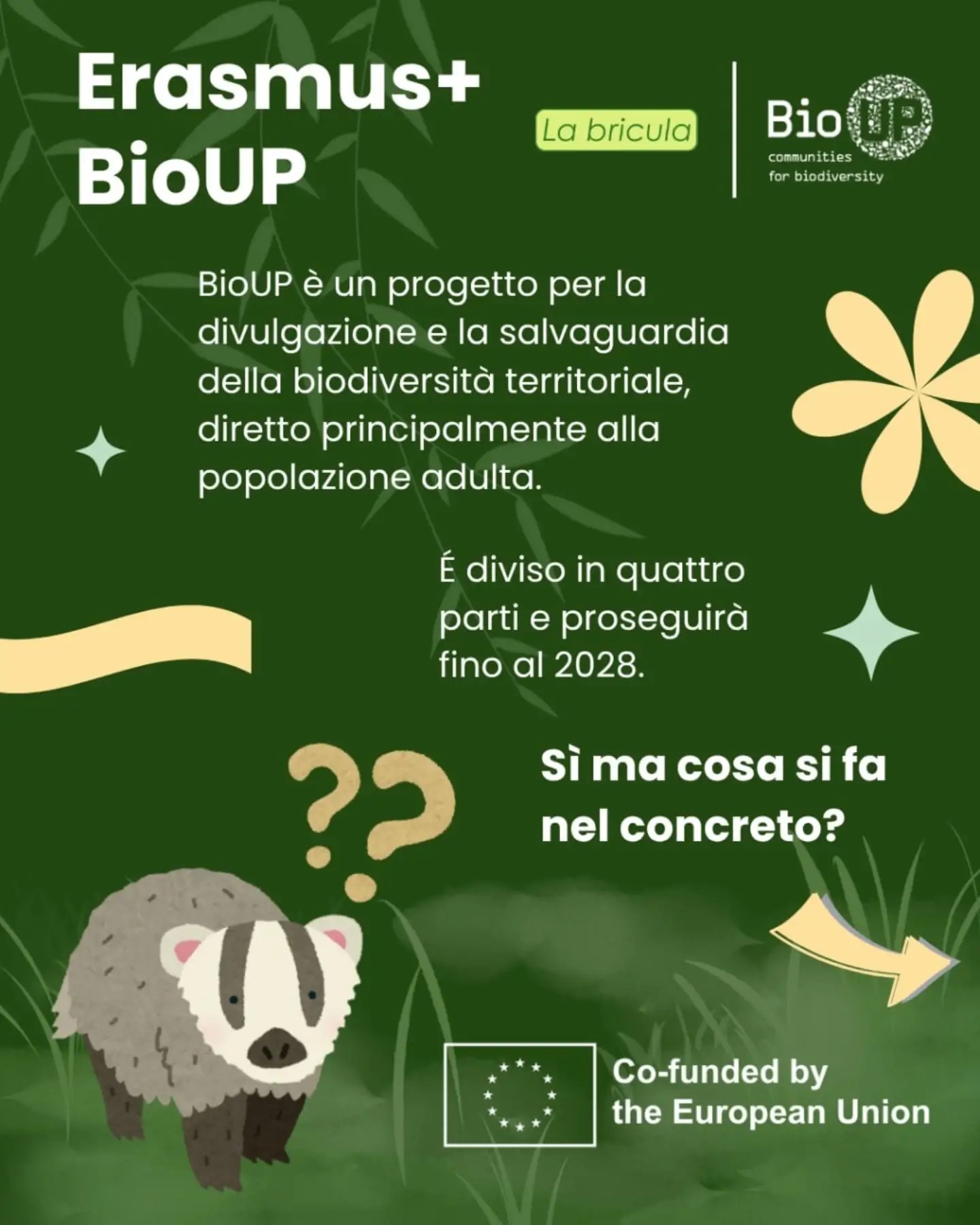 Erasmus+ BioUP, La bricula: BioUP è un progetto per la divulgazione e la salvaguardia della biodiversità territoriale, diretto principalmente alla popolazione adulta. È diviso in quattro parti e proseguirà fino al 2028. Sì, ma cosa si fa nel concreto? Cofinanziato dall'Unione europea