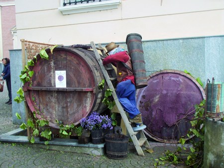Mostra tematica sulla filiera del vino, ingresso a forma di botte